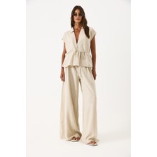 Geniş Paçalı Dökümlü Keten Pantolon-Naturel