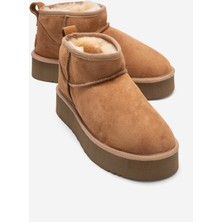 Veyra Taba Süet Hakiki Deri Kürklü Platform Tabanlı Kadın Mini Bot