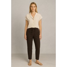 Alian Beli Lastikli Keten Beach Pantolon-Kahverengi