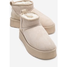 Veyra Bej Süet Hakiki Deri Kürklü Platform Tabanlı Kadın Mini Bot