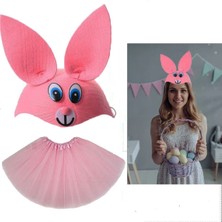 Resveq Tavşan Kostümü Pembe - 23 Nisan Tavşan Şapka ve Tütü Etek Seti 2 Parça