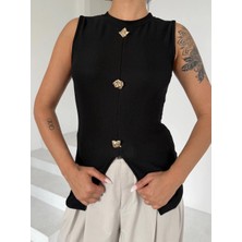 Kadın Siyah Bisiklet Yaka Gold Düğmeli Ottoman Bluz S2310