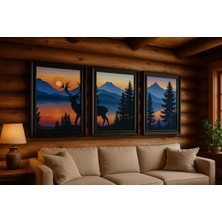 Buzz Designs Wild Horizon – 3’lü Dağ ve Geyik Temalı Dekoratif Duvar Tablo Seti (Çerçeveli)