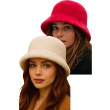 Uniquetrenders Kadın Soft Peluş Ayarlanabilir Ipli Bucket Kova Şapka 2’li Set