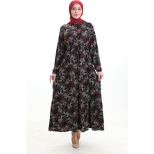 Hakim Yaka Desenli Düğmeli Elbise 0193-01 Siyah Kırmızı