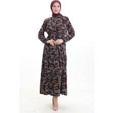 Hakim Yaka Beli Bağcıklı Desenli Elbise 0200-02 Siyah Bordo