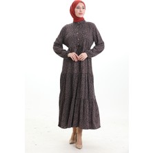 Hakim Yaka Çiçek Desenli Elbise 0197-02 Siyah Kırmızı