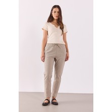 Alian Beli Lastikli Ince Çizgili Gofre Pantolon-Kahve Çizgili
