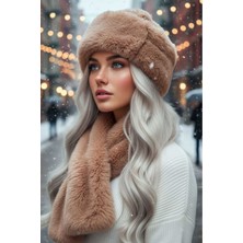 Uniquetrenders Kadın Kışlık Vegan Kürk Peluş Kalpak Şapka ve Atkı Seti