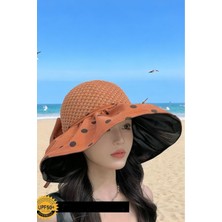 Uniquetrenders Kadın Uv Korumalı Geniş Siperli Puantiyeli Fiyonklu Katlanabilir Yazlık Şapka