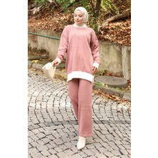 Triko Inci Detaylı Tunik Pantolon Ikili Takım 1011-04 Gül Kurusu