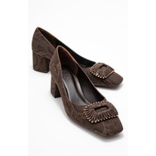 Velora Kahverengi Desenli Tokalı Kadın Kalın Topuklu Ayakkabı