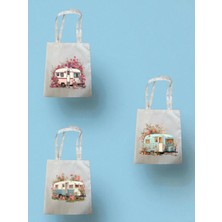 Gül ve Karavan Baskılı 3'lü Omuz Çantası Ben Çanta- Ev Mutfak Ofis Işyeri Hediyesi Eşyası