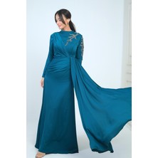 Taş Işlemeli Önü Büzgülü Astarlı Krep Saten Tesettür Elbise