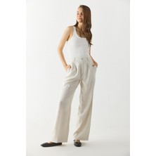 Chloe Wide Leg Keten Palazzo Pantolon-Ekru