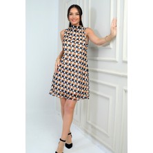 Kadın Degaje Yaka Astarlı Desenli Kısa Şifon Elbise