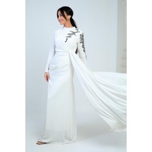 Taş Işlemeli Önü Büzgülü Astarlı Krep Saten Tesettür Elbise