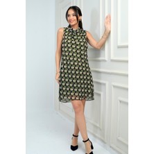 Kadın Degaje Yaka Astarlı Desenli Kısa Şifon Elbise