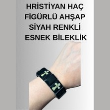 Hristiyan Haç Figürlü Ahşap Siyah Krem Renkli Esnek Bileklik