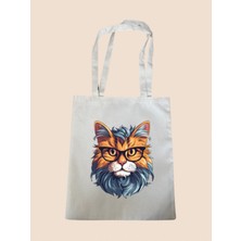 Bilgili Kedi Baskılı Bez Çanta - Büyük Boy Kadın Omuz Çantası