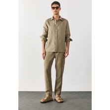 Ken Beli Lastikli Keten Chino Pantolon-Haki