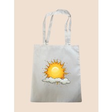 Güneş ve Bulut Baskılı Bez Çanta - Büyük Boy Kadın Omuz Çantası