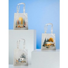 Geyik ve Karavan Baskılı 3'lü Omuz Çantası Ben Çanta- Ev Mutfak Ofis Işyeri Hediyesi Eşyası