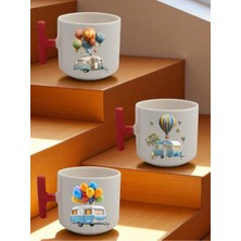 Balon ve Karavan Baskılı 3'lü Seramik Kahve Kupası Kupa Bardak - Kupa Baskı, Baskılı Kupa