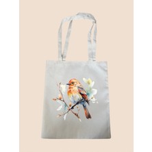 Kuş Baskılı Bez Çanta - Büyük Boy Kadın Omuz Çantası