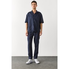 Ken Beli Lastikli Keten Chino Pantolon-Lacivert