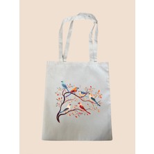 Dalda Duran Kuşlar Basklı Bez Çanta - Büyük Boy Kadın Omuz Çantası