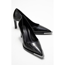 Lıora Siyah Baskı Platin Detaylı Kadın Blok Topuklu Topuklu Ayakkabı