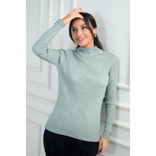 Kadın Balıkçı Yaka Basic Fitilli Kolları Düğme Detaylı Kazak