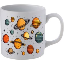 Gezegenler Baskılı Beyaz Kupa Bardak - Seramik Çay, Kahve Hediyelik Bardağı