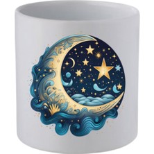 Gece Ay ve Yıldız Baskılı Kulpsuz Kupa Bardak - Hediye Kahve Kupası, Su Bardağı