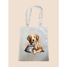 Kedi ve Köpek Teması Baskılı Bez Çanta - Büyük Boy Kadın Omuz Çantası