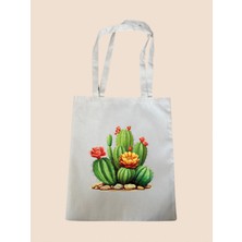 Kaktüs Baskılı Bez Çanta - Büyük Boy Kadın Omuz Çantası