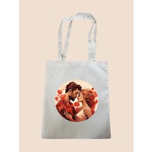 Aşık Adam ve Kadın Baskılı Bez Çanta - Büyük Boy Kadın Omuz Çantası