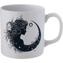 Kadın ve Ay Baskılı Beyaz Kupa Bardak - Seramik Çay, Kahve Hediyelik Bardağı