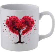 Kalp Şeklinde Ağaç Baskılı Beyaz Kupa Bardak - Seramik Çay, Kahve Hediyelik Bardağı