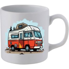 Turuncu Karavan Baskılı Beyaz Kupa Bardak - Seramik Çay, Kahve Hediyelik Bardağı