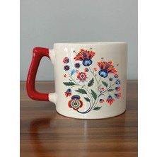 Ebru Desenli Kırmızı Kupa Bardak - Seramik Çay, Kahve Hediyelik Bardağı