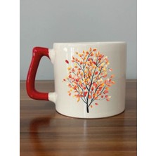 Dalları Sararmış Ağaç Baskılı Kırmızı Kupa Bardak - Seramik Çay, Kahve Hediyelik Bardağı