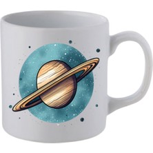 Satürn Baskılı Beyaz Kupa Bardak - Seramik Çay, Kahve Hediyelik Bardağı