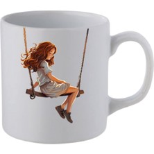 Salıncaktaki Kız Baskılı Beyaz Kupa Bardak - Seramik Çay, Kahve Hediyelik Bardağı