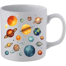 Gezegenler Yan Yana Baskılı Beyaz Kupa Bardak - Seramik Çay, Kahve Hediyelik Bardağı