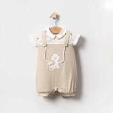 Yazlık Yıldız Baskılı Ayıcık Nakışlı Ipli Bebe Erkek Tulum
