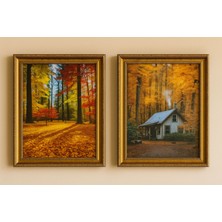 Autumn Forest & Cabin – Sonbahar Manzaralı Ikili Duvar Tablo Seti (Çerçeveli)