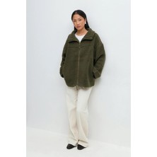 Haki Çift Fermuarlı Kadın Peluş Mont MG2556