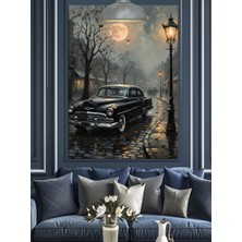 Yağmurlu Gecede Park Eden Klasik Araba Dekoratif Kanvas - Mdf Ahşap Tablo
